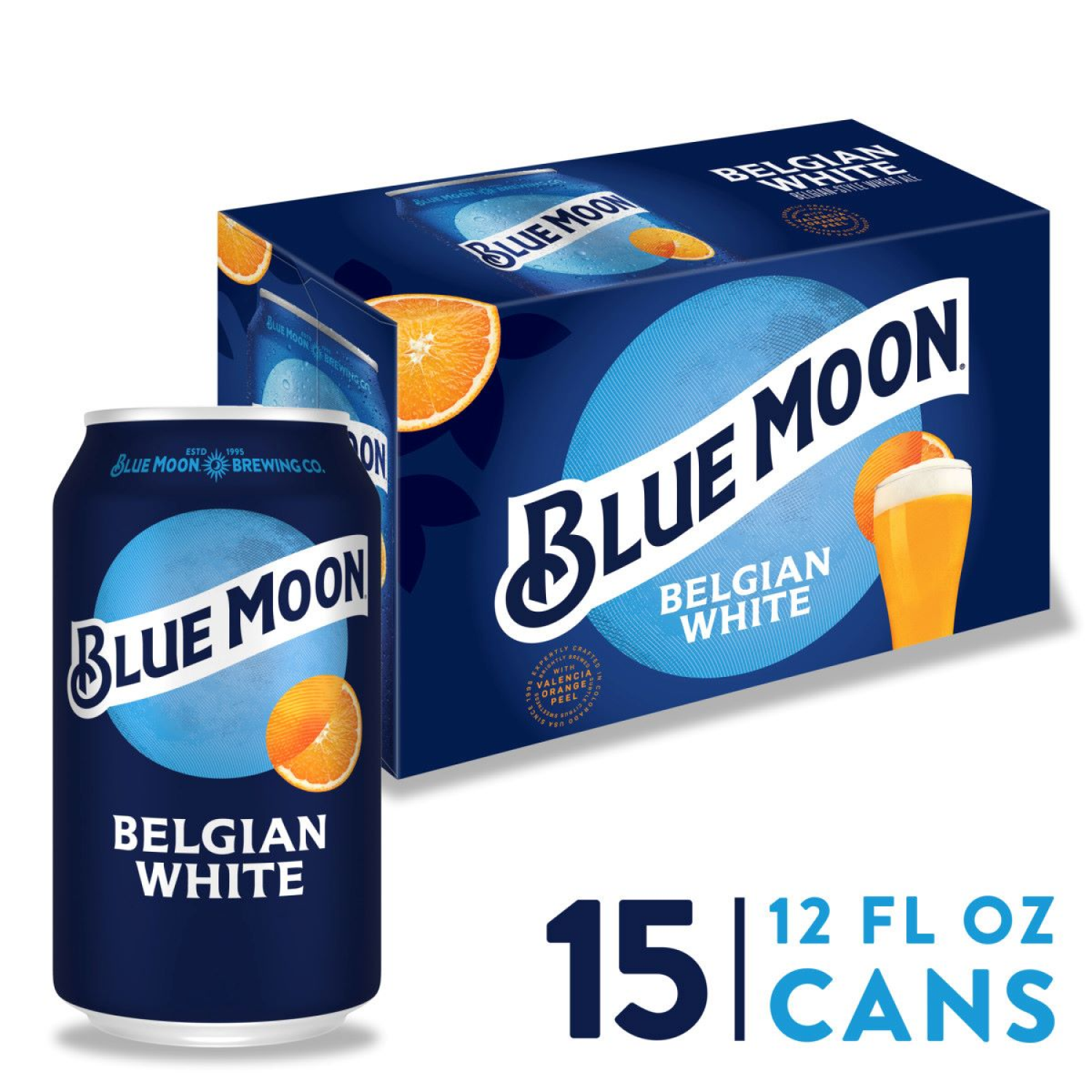 slide 1 of 5, Blue Moon Belgian White Wheat Beer, Craft Beer, Beer 15 Pack, 12 FL OZ Cans, 5.4% ABV, 15 ct; 12 oz