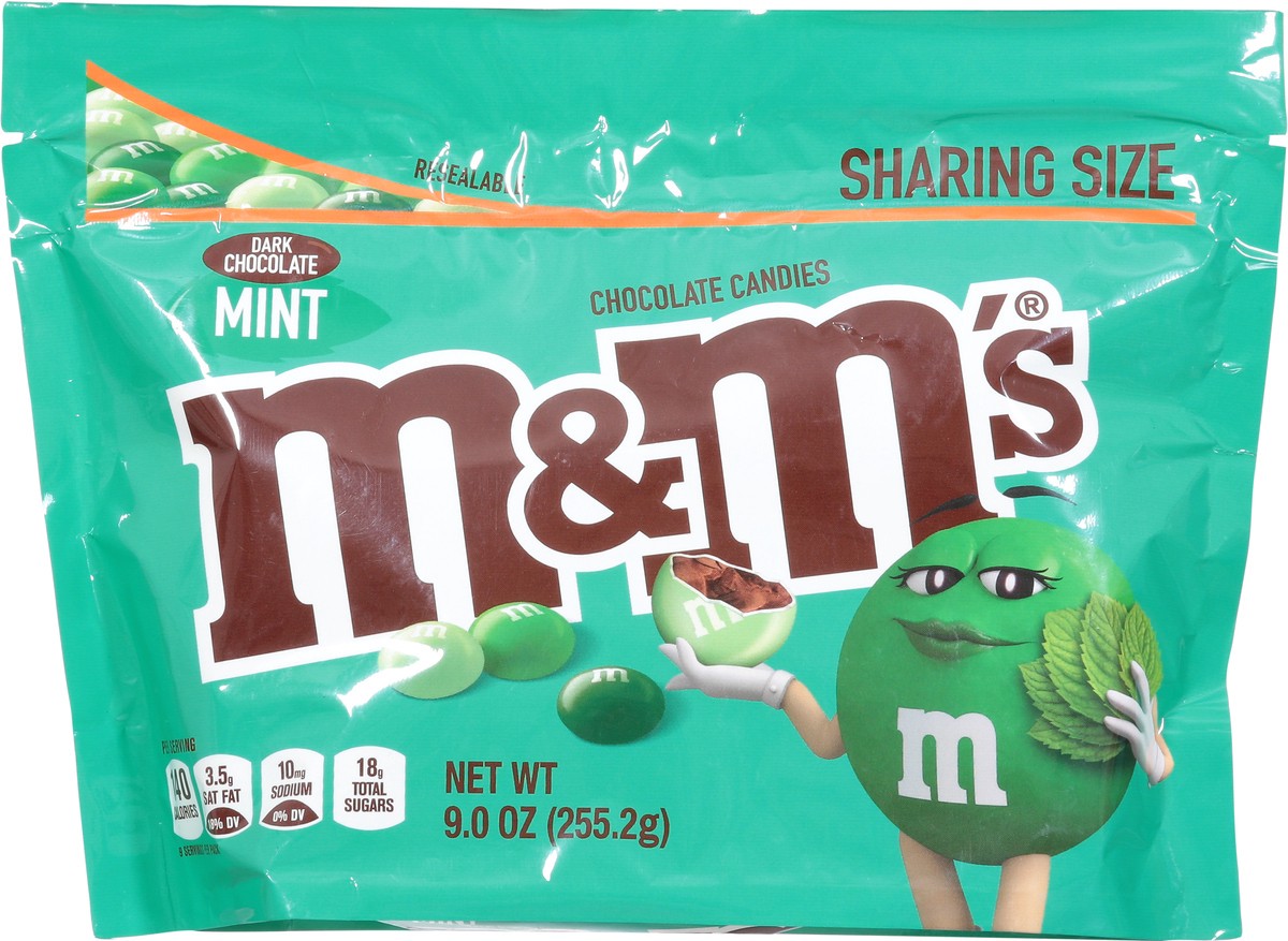 slide 10 of 13, M&M's Mint Dark Chocolate Candy, Sharing Size, 9 oz Resealable Bag, 9 oz
