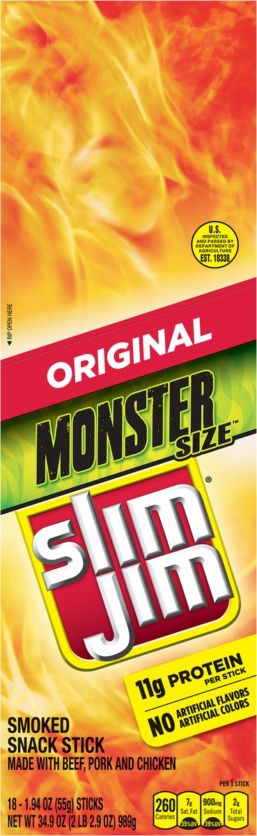 slide 2 of 9, Slim Jim Original Smoked Snack Stick Monster Size 18 - 1.94 oz Sticks, 18 ct