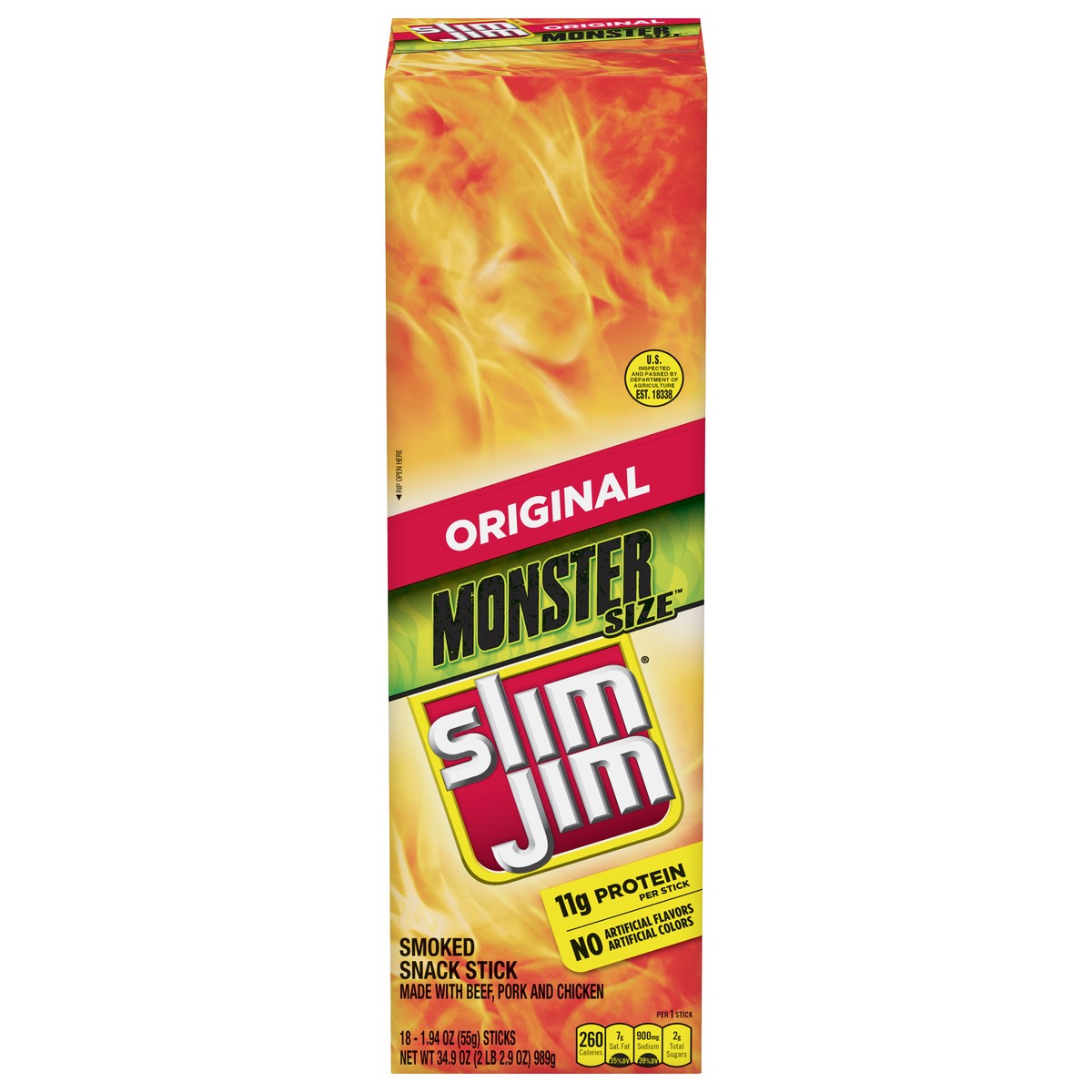 slide 1 of 9, Slim Jim Original Smoked Snack Stick Monster Size 18 - 1.94 oz Sticks, 18 ct