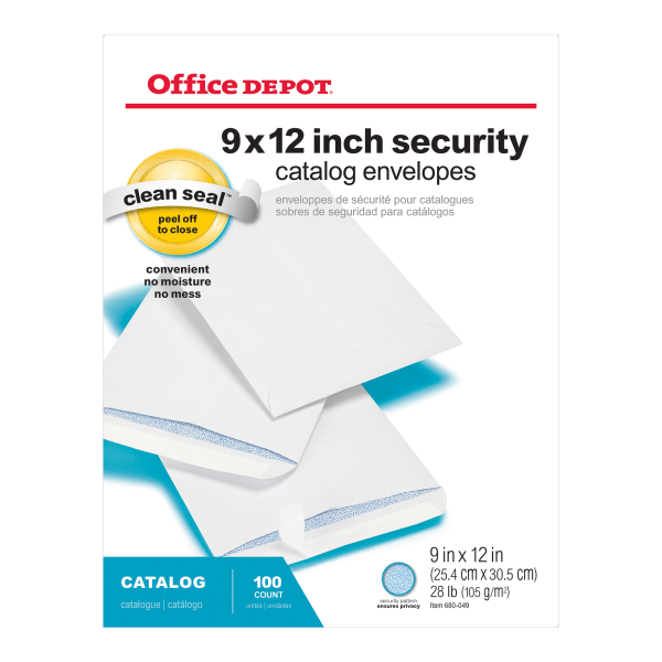 slide 1 of 1, Office Depot Brand Clean Seal Catalog Envelopes, 9'' X 12'', White With Security Tint, Pack Of 100, 100 ct