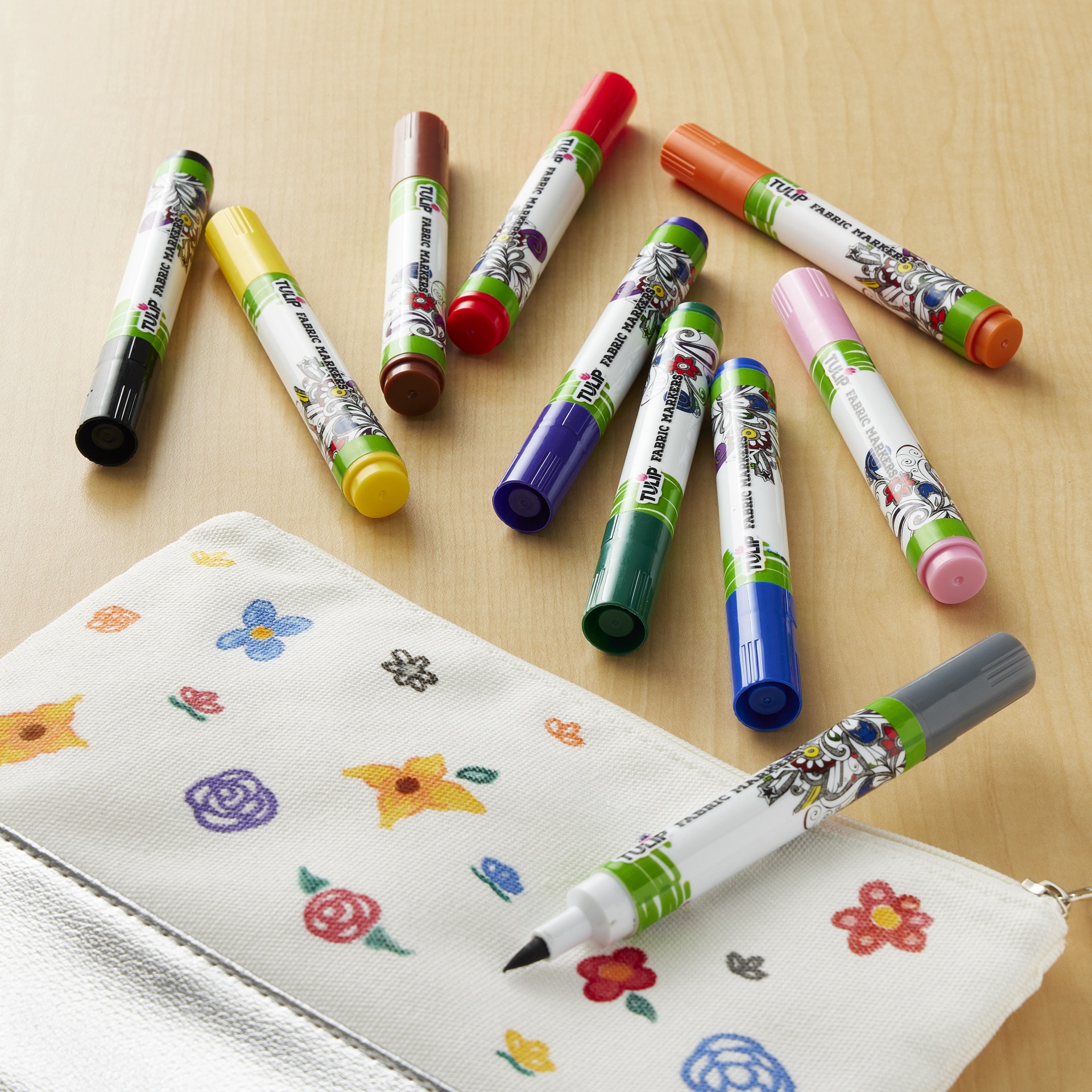 slide 3 of 3, Tulip Fabric Markers, Brush Tip Rainbow, includes 10 ct