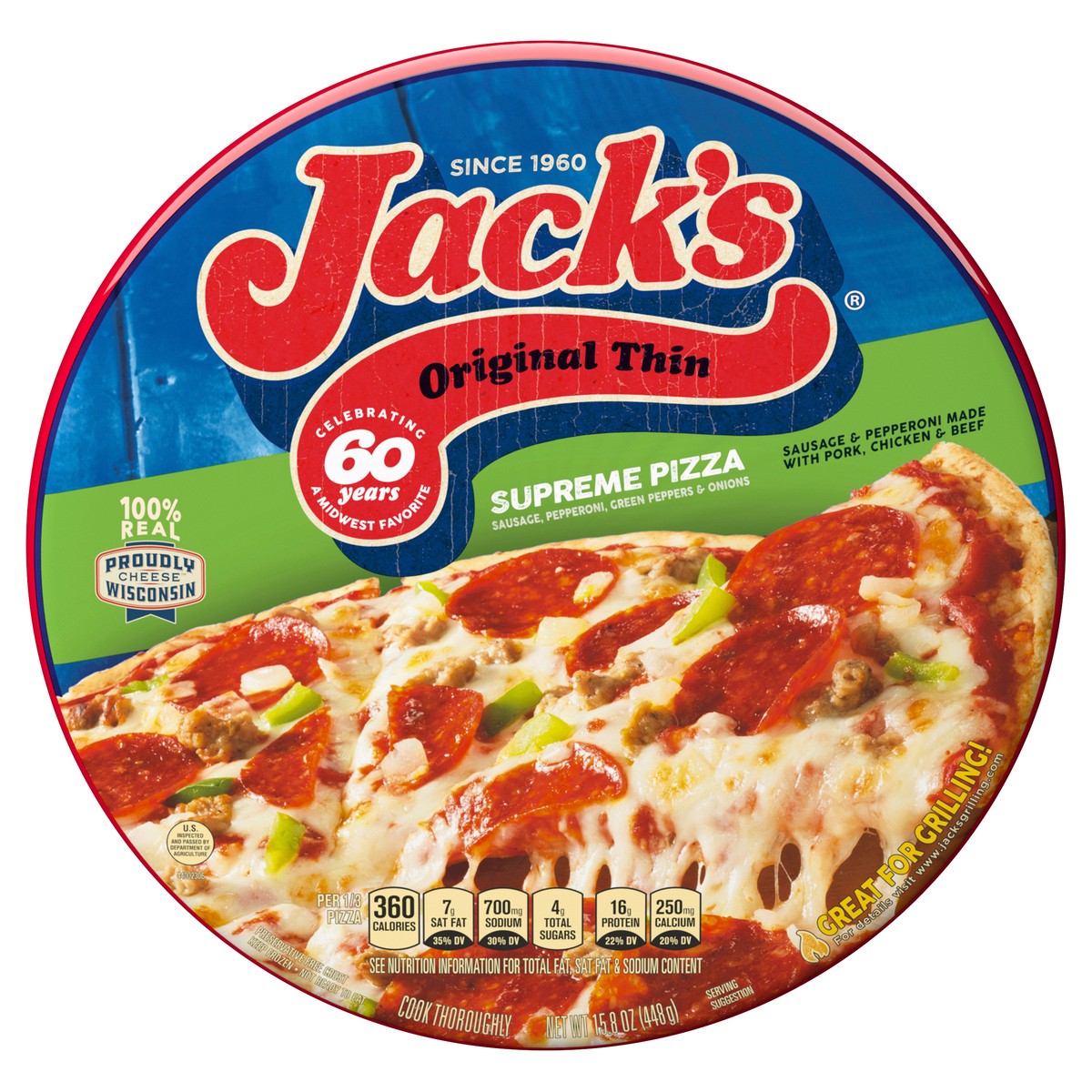 slide 1 of 10, Jack's Jack’s Original Thin Supreme Pizza, Pepperoni, Sausage, Onion Pizza, Frozen, per lb