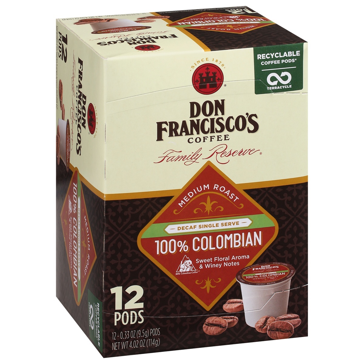 slide 1 of 1, Don Francisco's Family Reserve Single Serve Medium Roast Decaf 100% Colombian Coffee 12 - 0.33 oz Pods, 12 ct; 0.33 oz