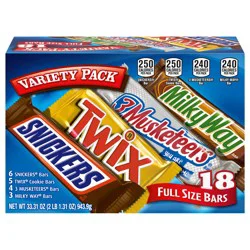 Wrigley SNICKERS, TWIX, MILKY WAY & 3 MUSKETEERS Variety Pack Chocolate Candy Bar Assortment, 18 Bars