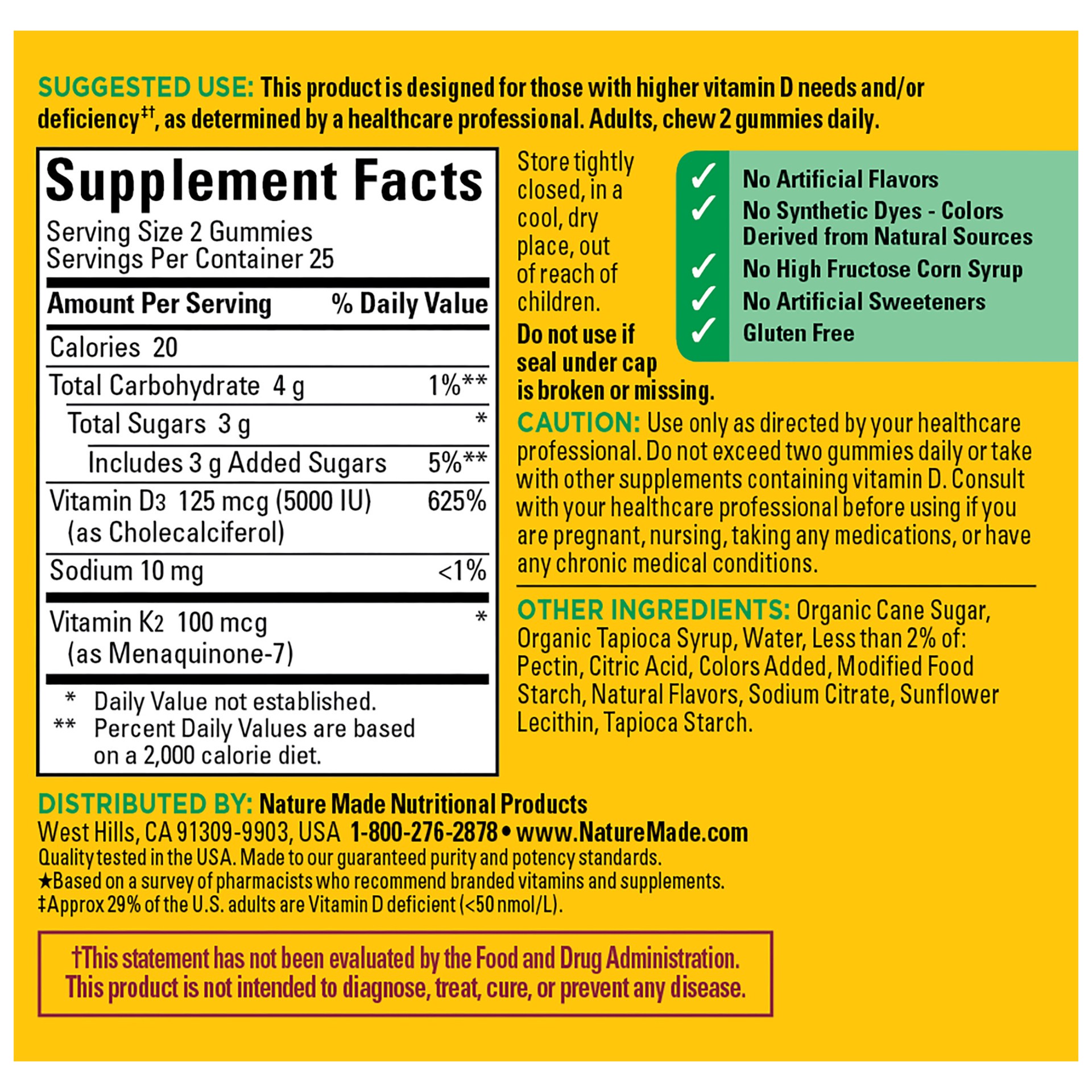 slide 3 of 9, Nature Made Vitamin D3 K2 Gummies, Vitamin D 5000 IU Per Serving for Bone, Teeth, Muscle and Immune Support, 50 Gummy Vitamins, 25 Day Supply, 50 ct