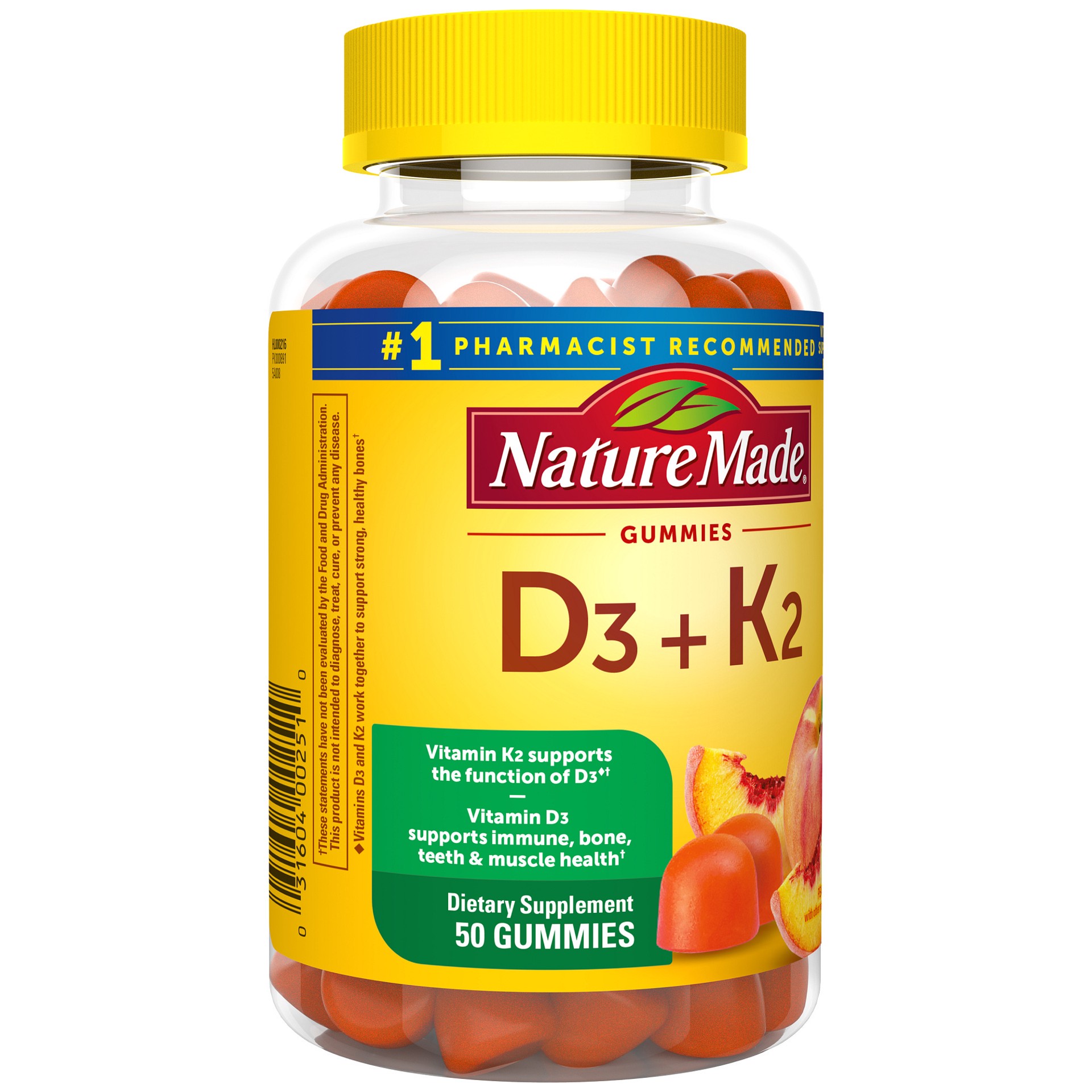 slide 2 of 9, Nature Made Vitamin D3 K2 Gummies, Vitamin D 5000 IU Per Serving for Bone, Teeth, Muscle and Immune Support, 50 Gummy Vitamins, 25 Day Supply, 50 ct
