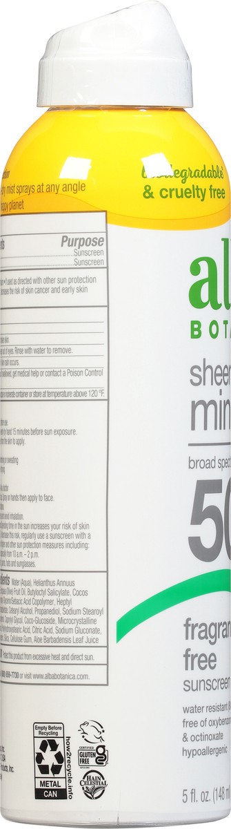 slide 6 of 8, Alba Botanica Sheer Mineral Broad Spectrum SPF 50 Sunscreen Spray 5 fl oz, 5 fl oz