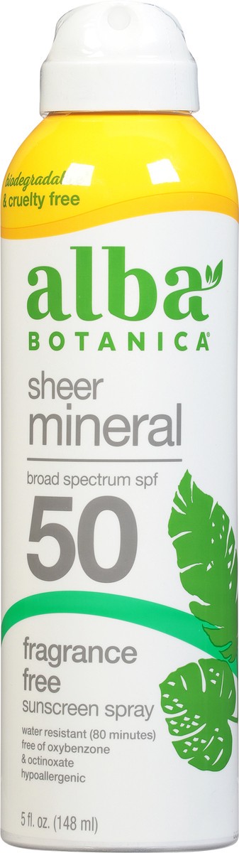 slide 5 of 8, Alba Botanica Sheer Mineral Broad Spectrum SPF 50 Sunscreen Spray 5 fl oz, 5 fl oz