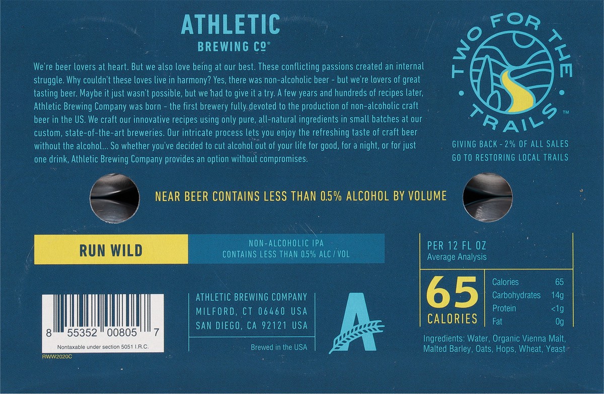 slide 4 of 9, Athletic Brewing Beer, IPA, Run Wild, 6 Pack, 6 ct; 12 oz