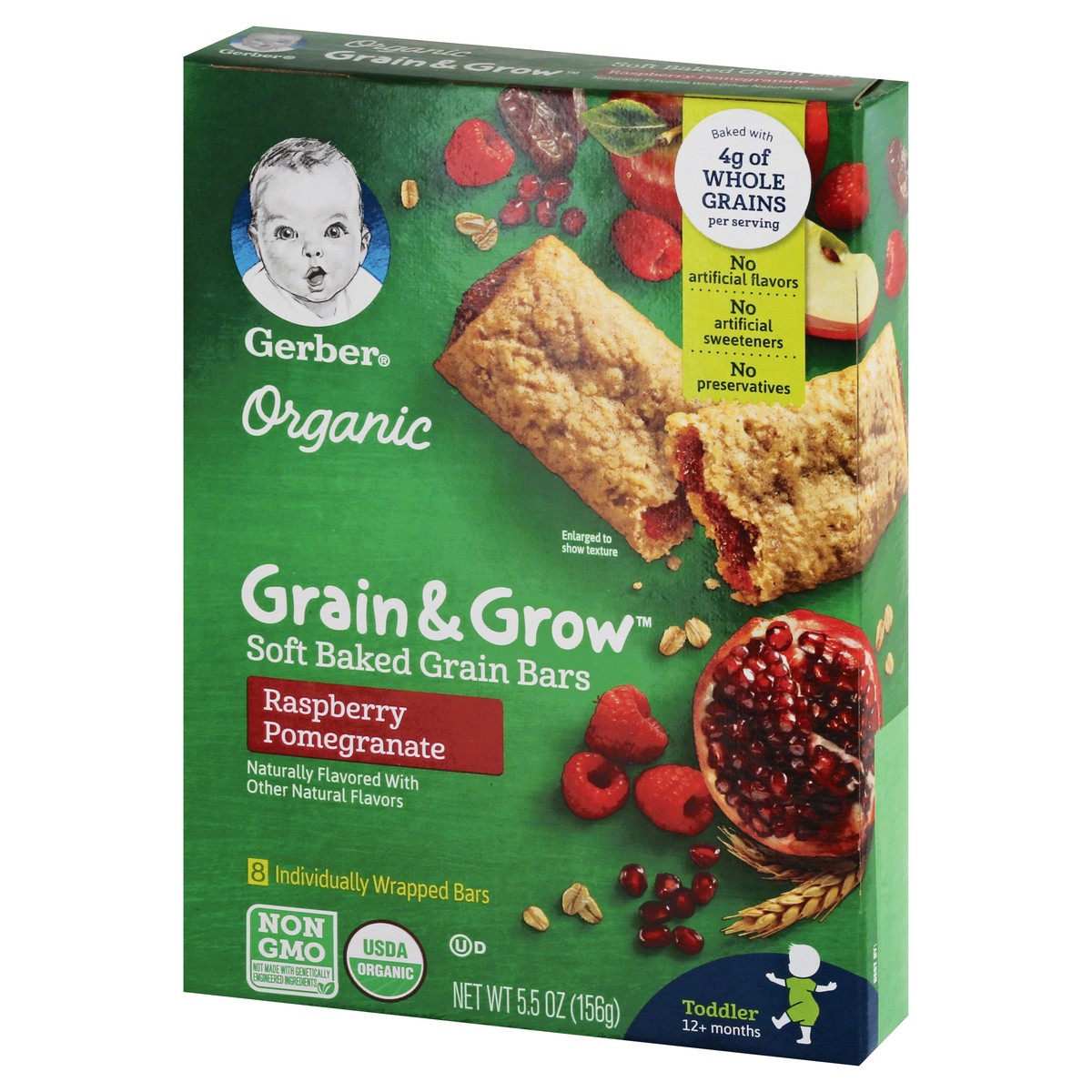 slide 4 of 10, Gerber Grain & Grow Organic Raspberry Pomegranate Soft Baked Grain Bars, 8 ct