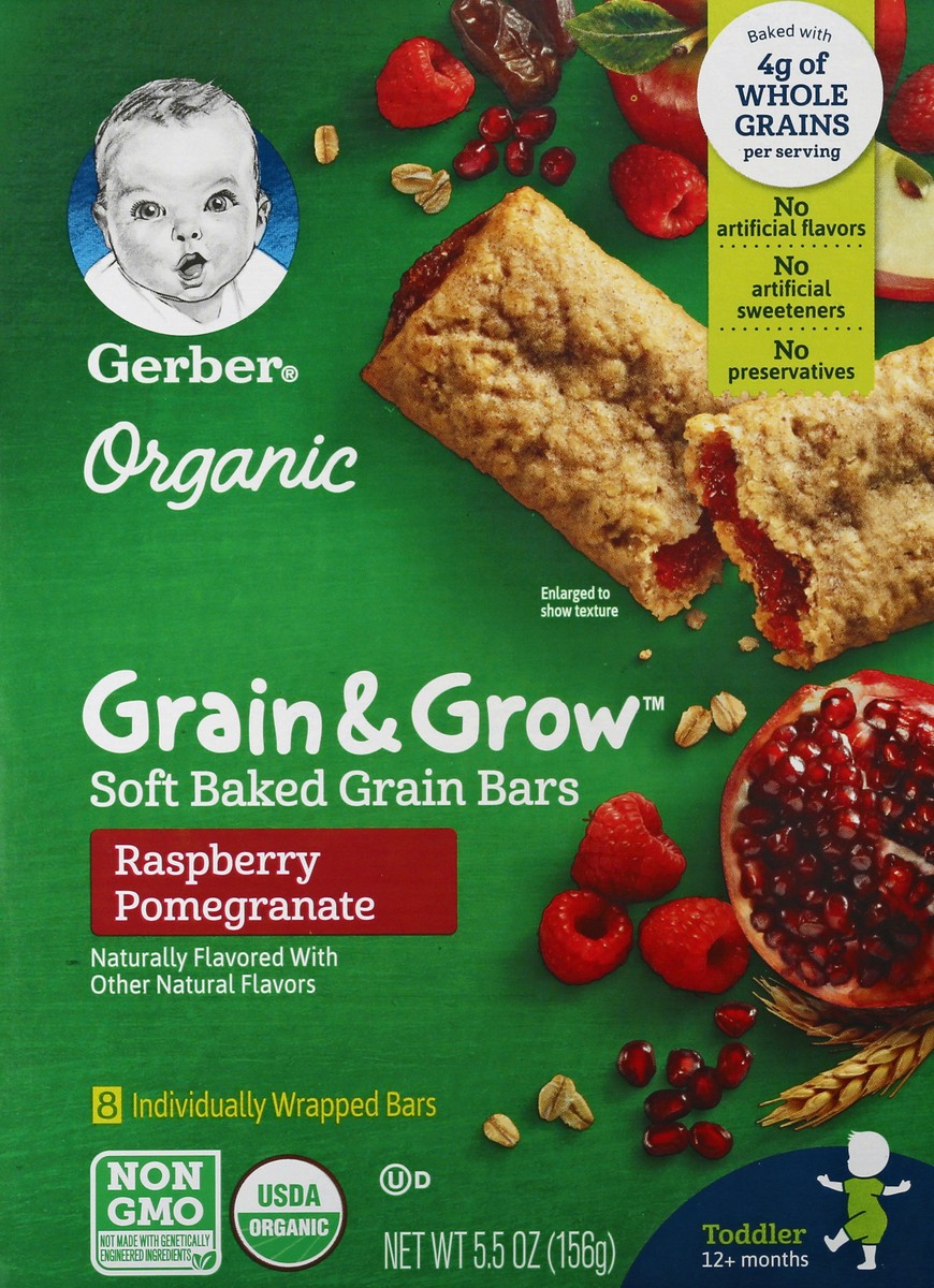 slide 5 of 10, Gerber Grain & Grow Organic Raspberry Pomegranate Soft Baked Grain Bars, 8 ct