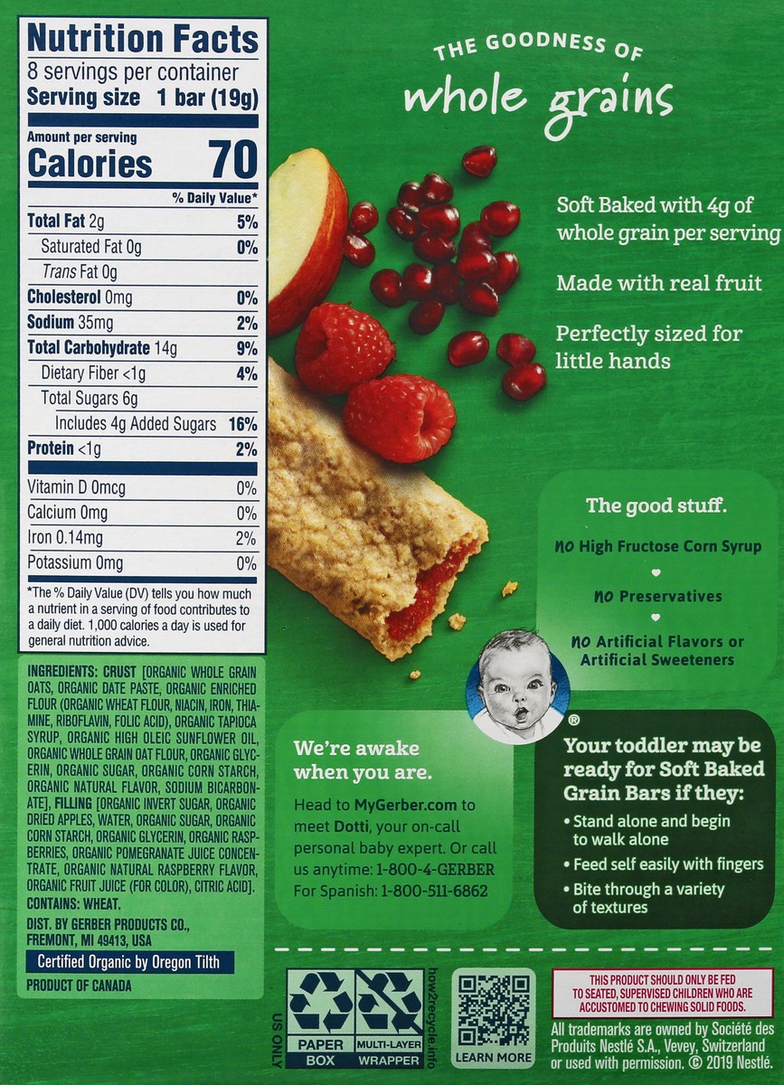 slide 6 of 10, Gerber Grain & Grow Organic Raspberry Pomegranate Soft Baked Grain Bars, 8 ct