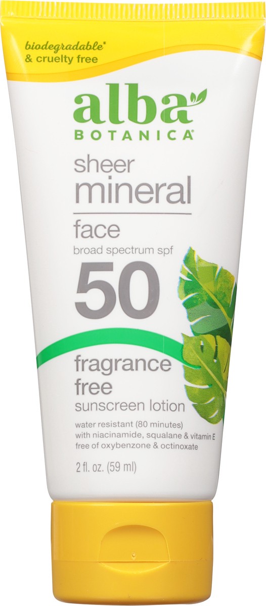 slide 2 of 8, Alba Botanica Broad Spectrum SPF 50 Face Sheer Mineral Fragrance Free Sunscreen Lotion 2 fl oz, 2 oz