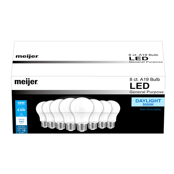 slide 1 of 1, Meijer LED Light Bulb 60W Equivalent A19 Daylight, 8 ct