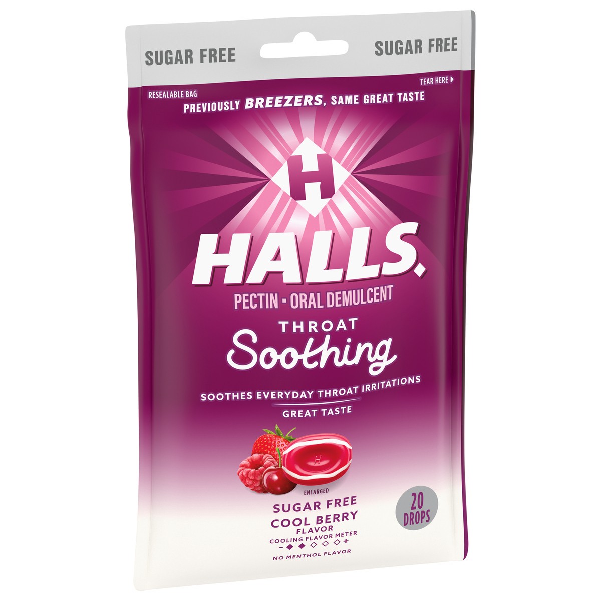 slide 2 of 9, HALLS Throat Soothing (Formerly HALLS Breezers) Cool Berry Sugar Free Throat Drops, 20 Drops, 2.46 oz