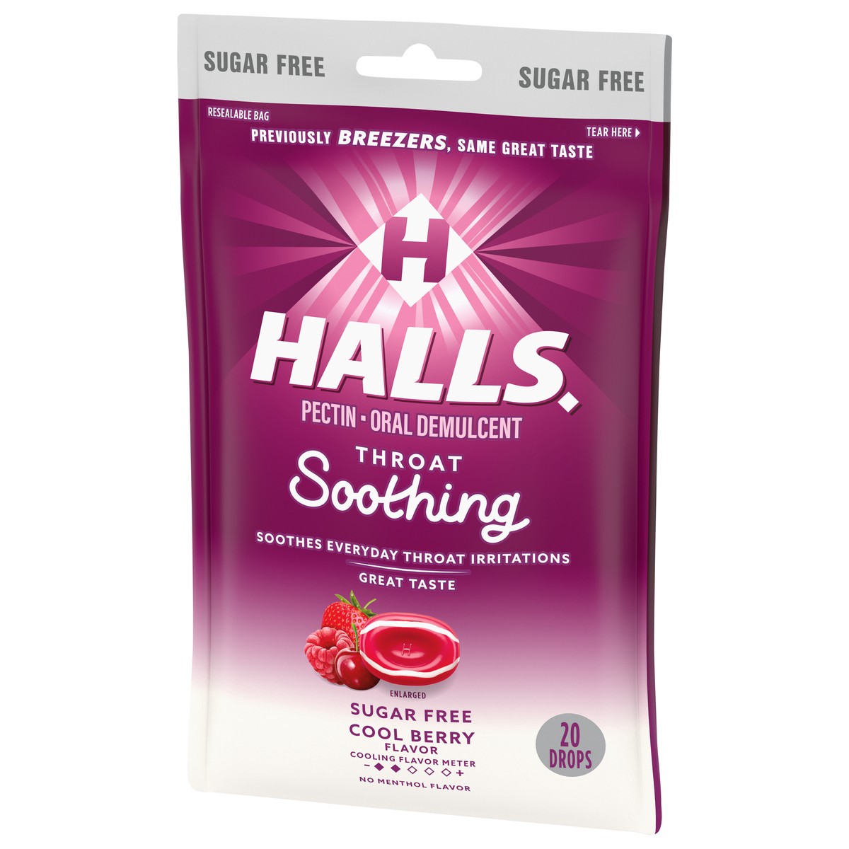 slide 9 of 9, HALLS Throat Soothing (Formerly HALLS Breezers) Cool Berry Sugar Free Throat Drops, 20 Drops, 2.46 oz