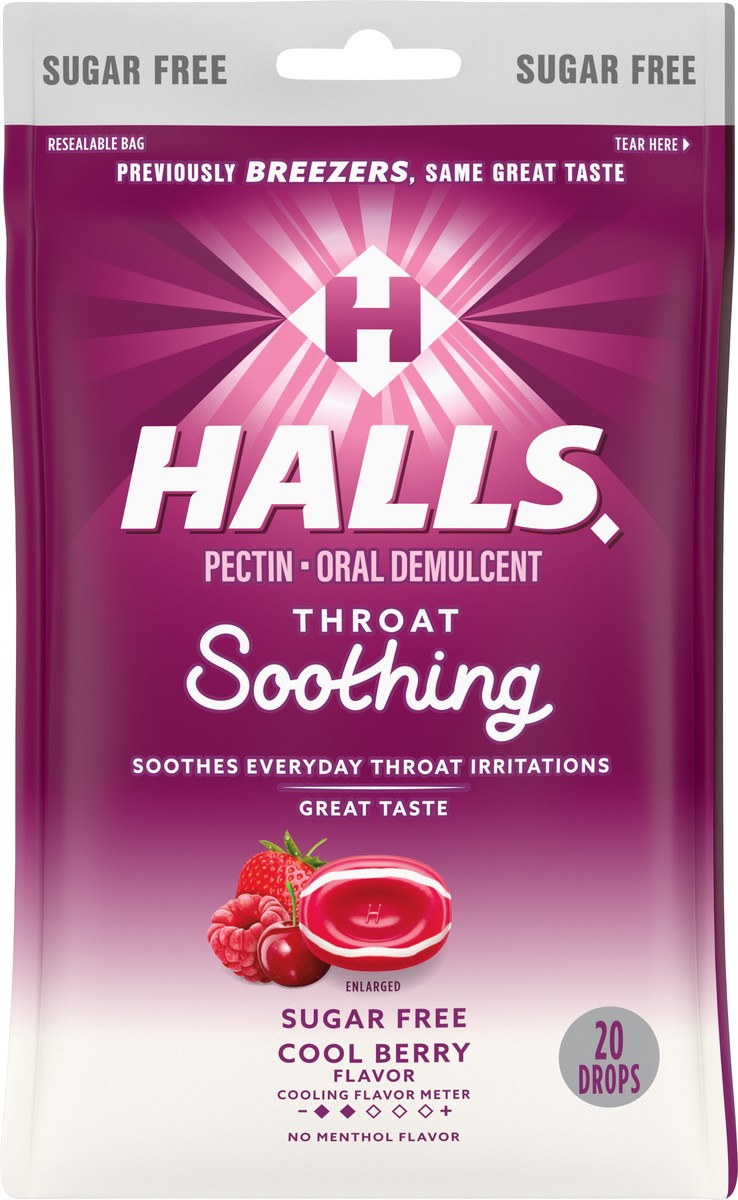 slide 5 of 9, HALLS Throat Soothing (Formerly HALLS Breezers) Cool Berry Sugar Free Throat Drops, 20 Drops, 2.46 oz
