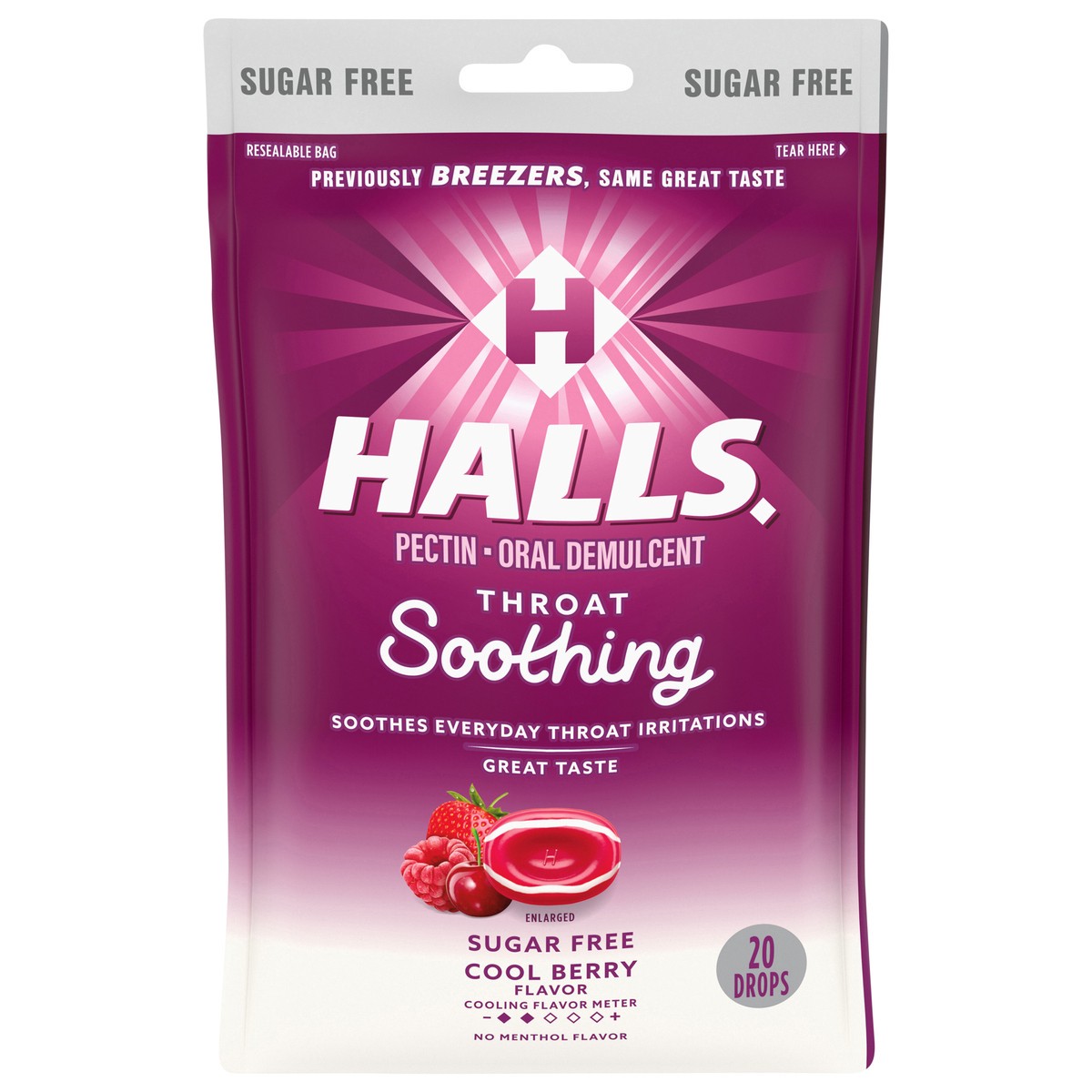 slide 1 of 9, HALLS Throat Soothing (Formerly HALLS Breezers) Cool Berry Sugar Free Throat Drops, 20 Drops, 2.46 oz