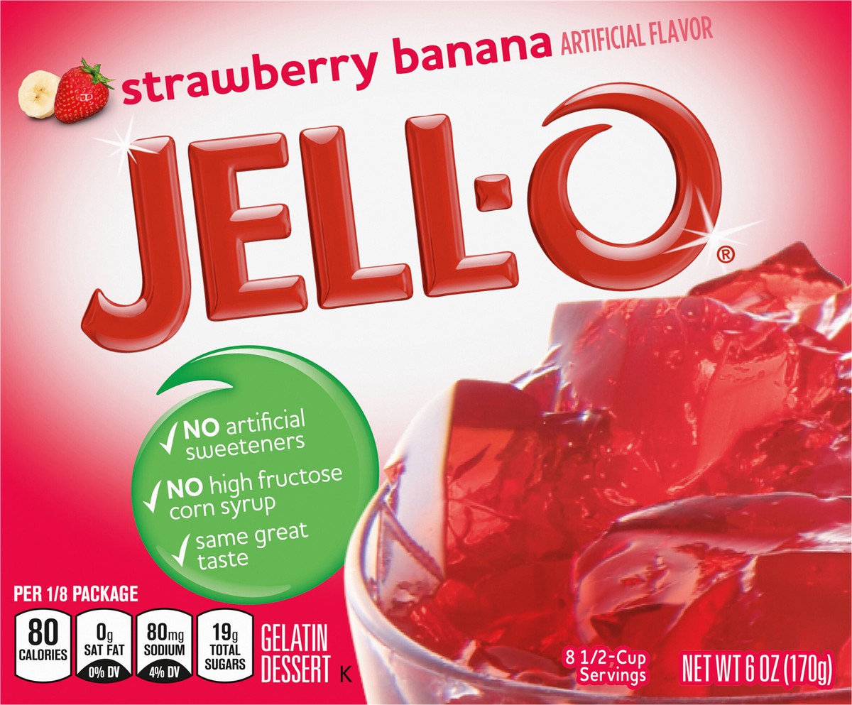 slide 8 of 9, Jell-O Strawberry Banana Artificially Flavored Gelatin Dessert Mix, Family Size, 6 oz Box, 6 oz