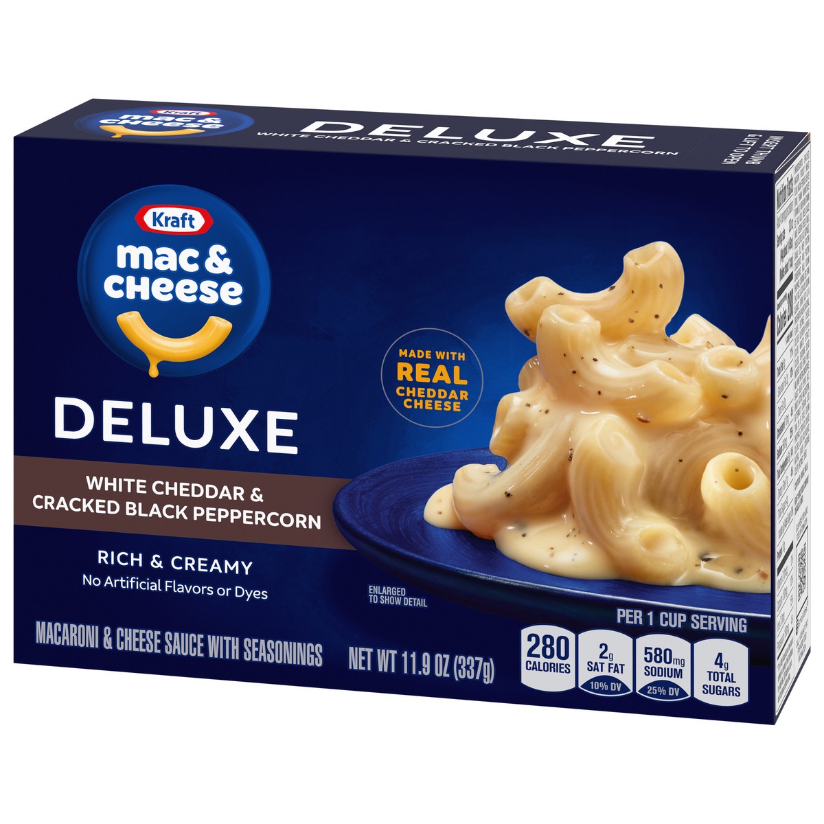 slide 4 of 9, Kraft Deluxe White Cheddar & Cracked Black Peppercorn Mac & Cheese Macaroni and Cheese Dinner, 11.9 oz Box, 11.9 oz