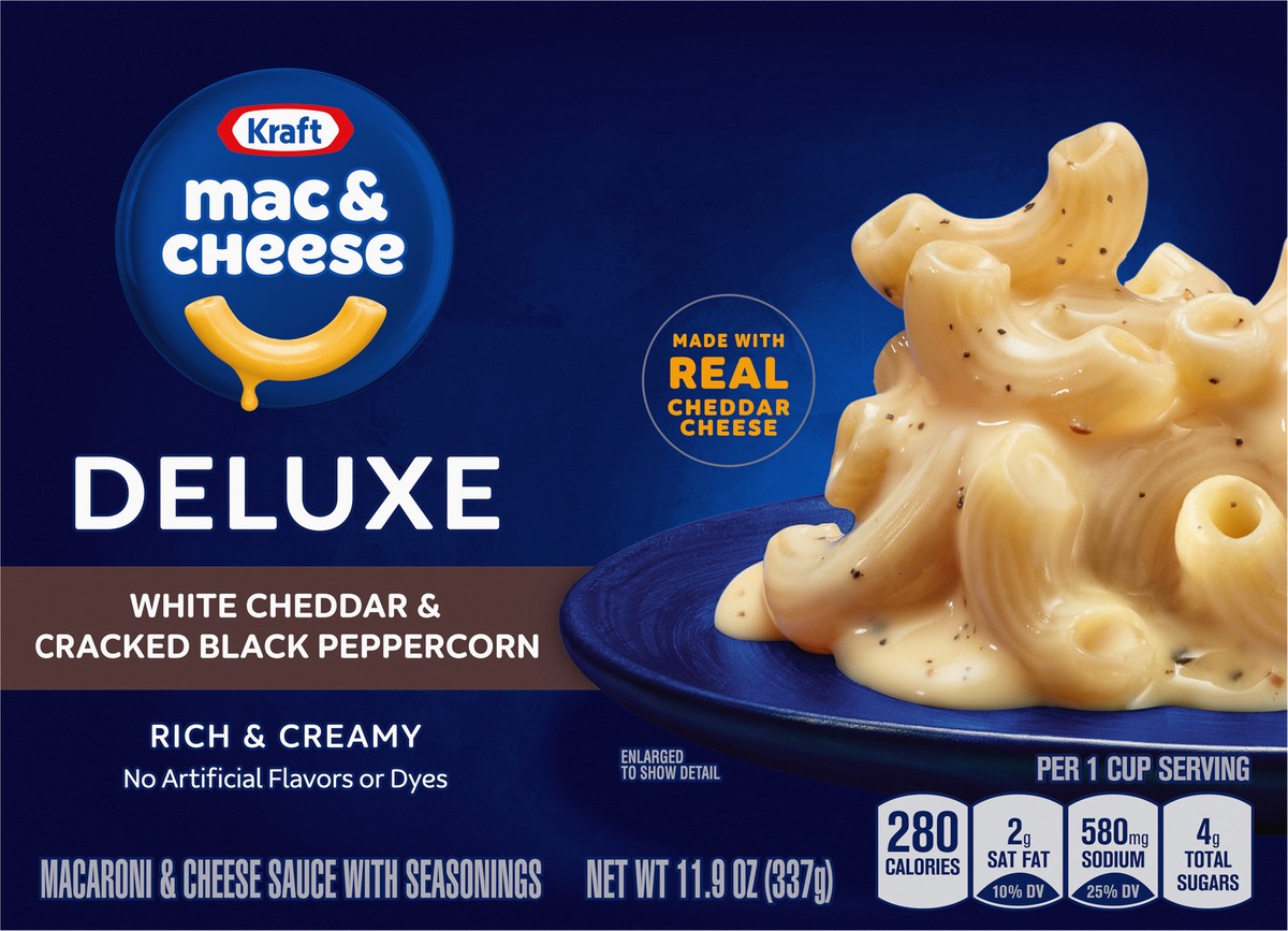 slide 6 of 9, Kraft Deluxe White Cheddar & Cracked Black Peppercorn Mac & Cheese Macaroni and Cheese Dinner, 11.9 oz Box, 11.9 oz