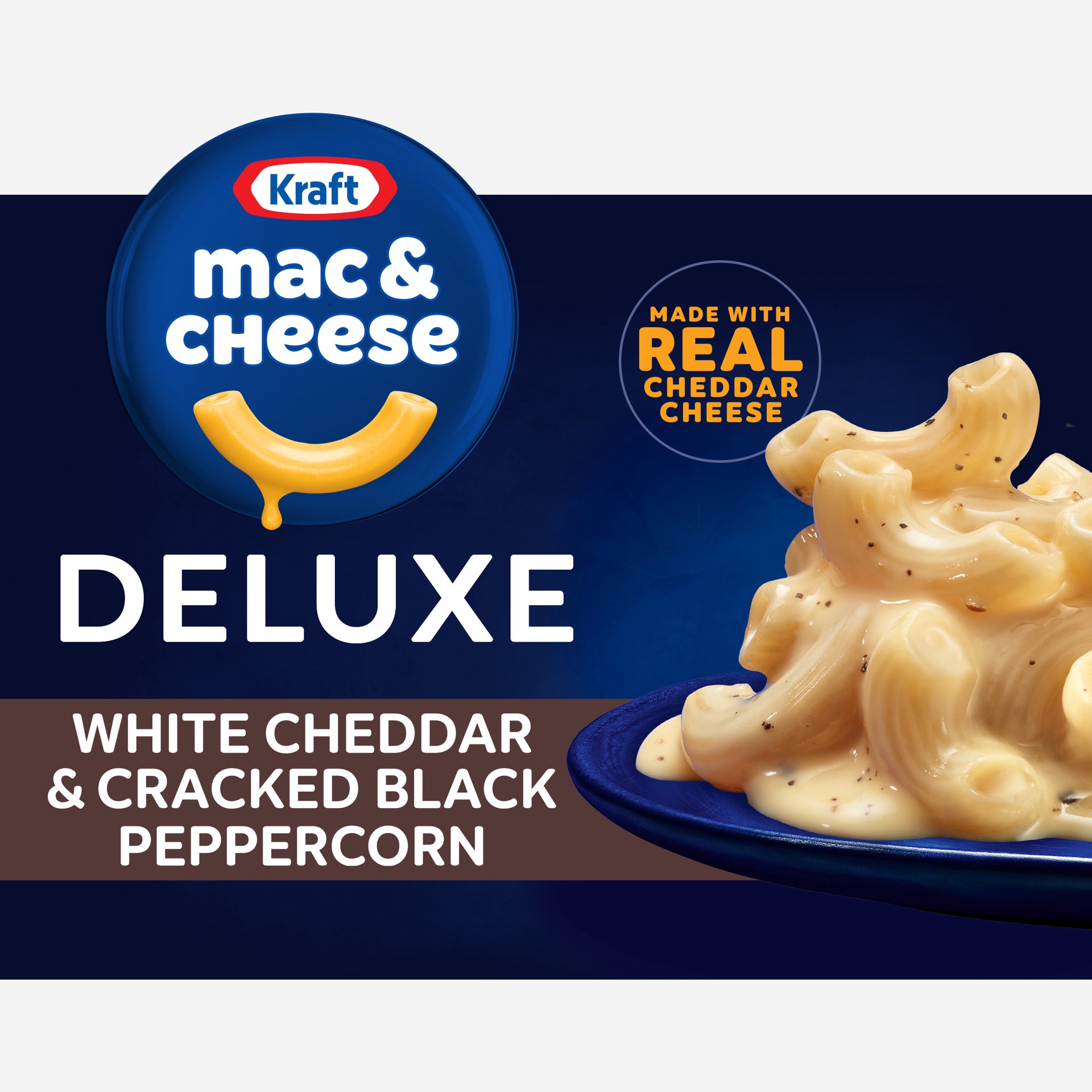 slide 1 of 9, Kraft Deluxe White Cheddar & Cracked Black Peppercorn Mac & Cheese Macaroni and Cheese Dinner, 11.9 oz Box, 11.9 oz