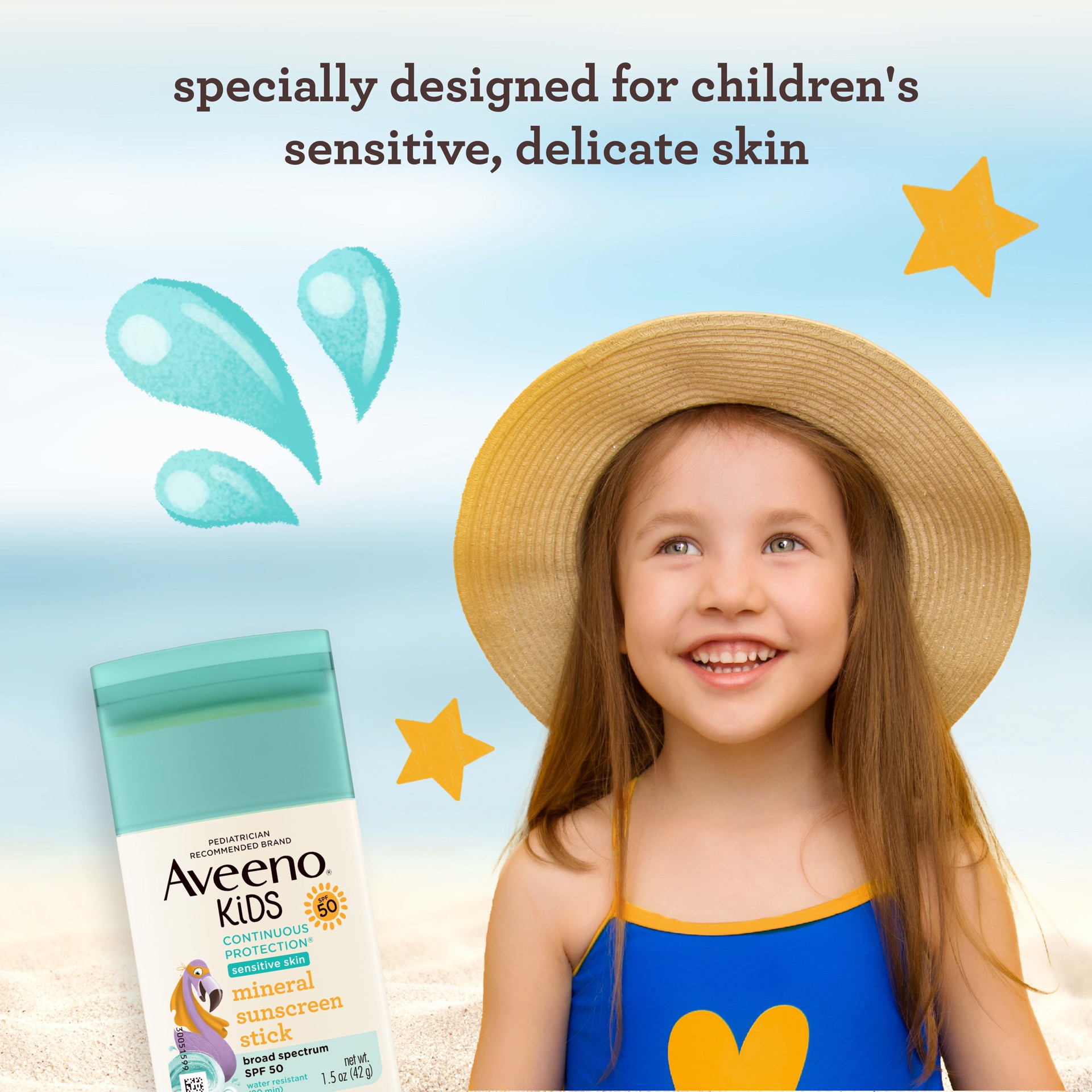 slide 3 of 10, Aveeno Kids Continuous Protection Zinc Oxide Mineral Sunscreen Stick for Sensitive Skin, Face & Body Sunscreen Stick for Kids with Broad Spectrum SPF 50, Sweat- & Water-Resistant, 1.5 oz, 1.5 oz