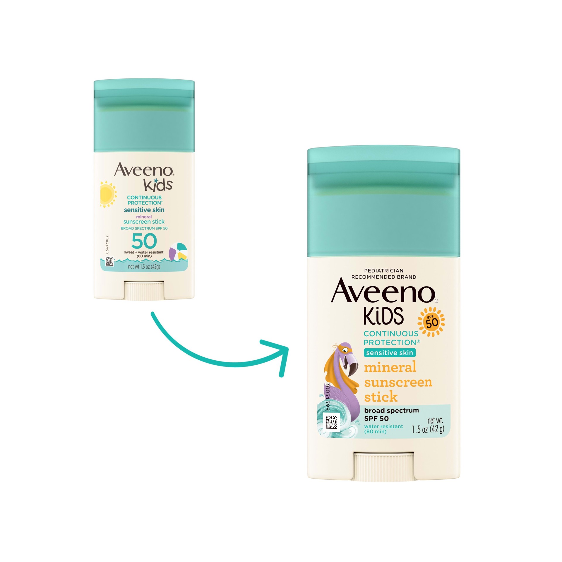 slide 8 of 10, Aveeno Kids Continuous Protection Zinc Oxide Mineral Sunscreen Stick for Sensitive Skin, Face & Body Sunscreen Stick for Kids with Broad Spectrum SPF 50, Sweat- & Water-Resistant, 1.5 oz, 1.5 oz