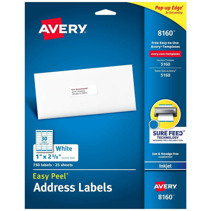 slide 1 of 4, Avery Easy Peel Address Labels 750 Pack White 1 X 2.625 Inch, 750 ct