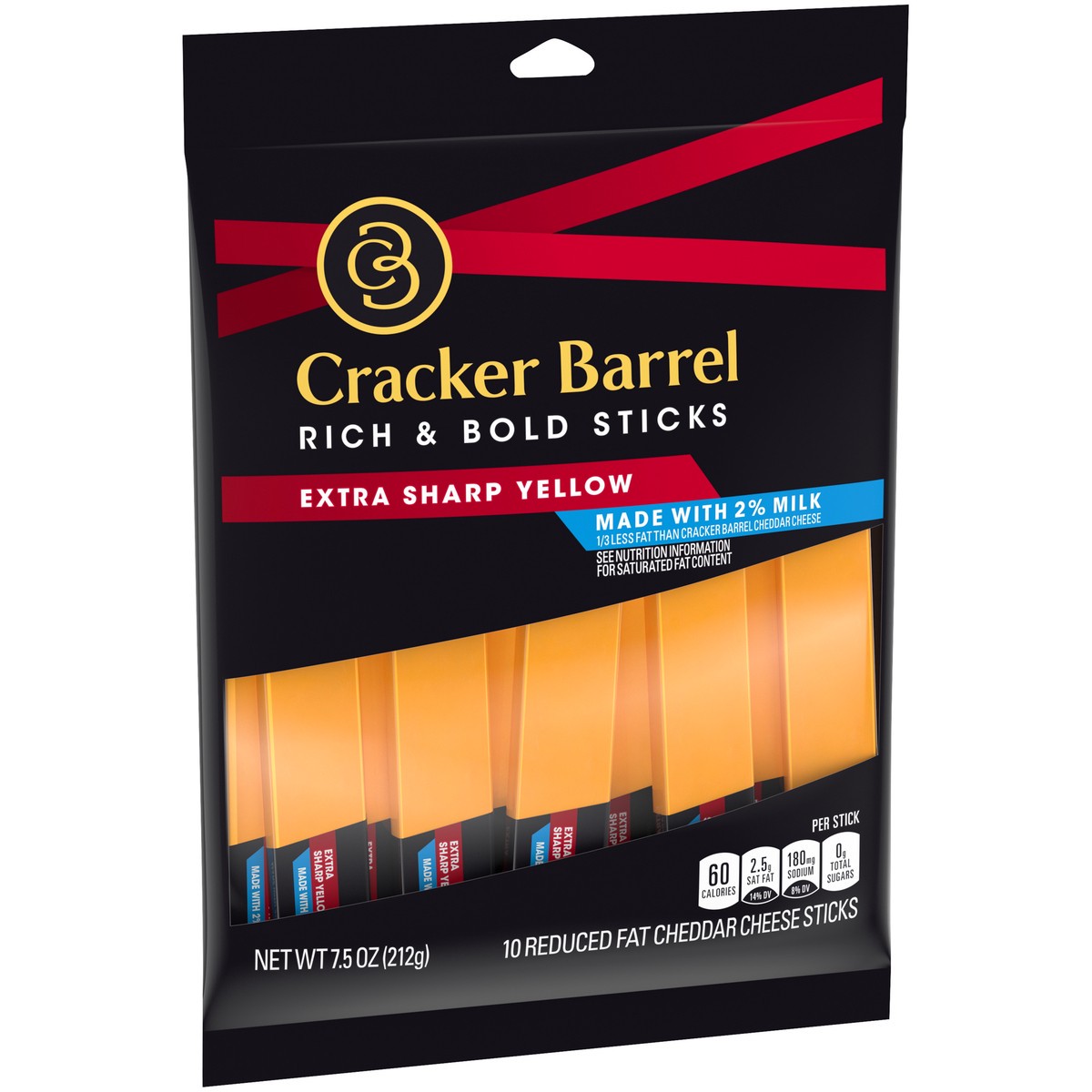 slide 3 of 9, Cracker Barrel Rich & Bold Extra Sharp Yellow Cheddar Cheese Snacks with 2% Milk, 10 ct Sticks, 10 ct