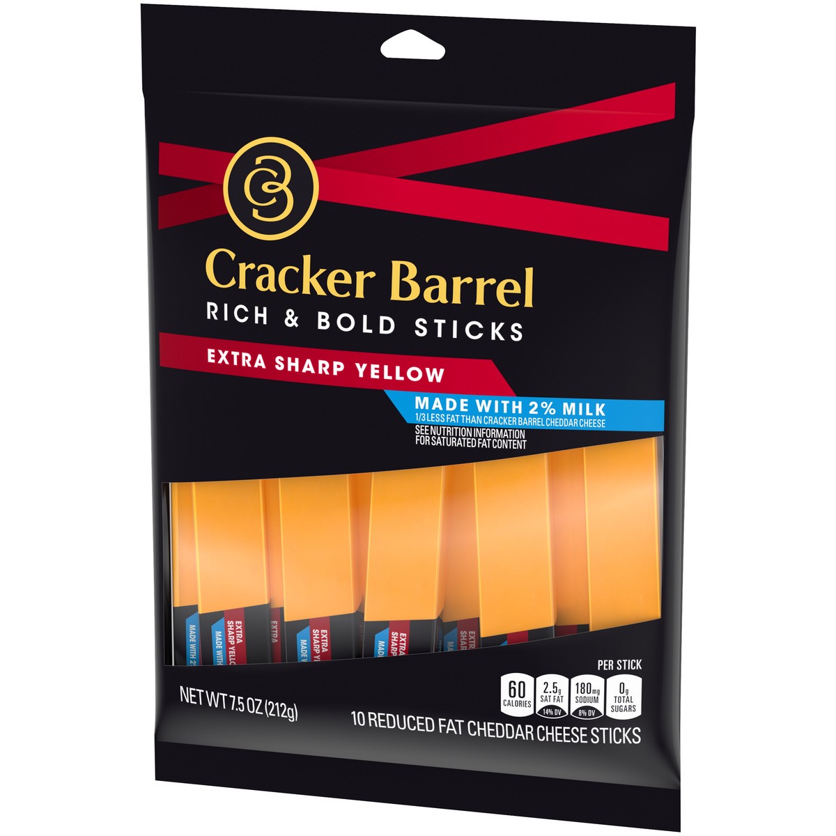 slide 4 of 9, Cracker Barrel Rich & Bold Extra Sharp Yellow Cheddar Cheese Snacks with 2% Milk, 10 ct Sticks, 10 ct