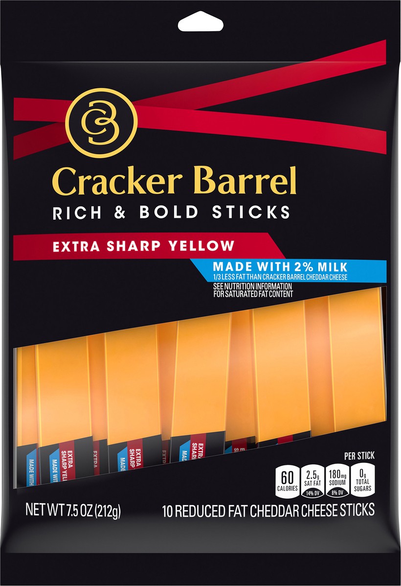 slide 5 of 9, Cracker Barrel Rich & Bold Extra Sharp Yellow Cheddar Cheese Snacks with 2% Milk, 10 ct Sticks, 10 ct