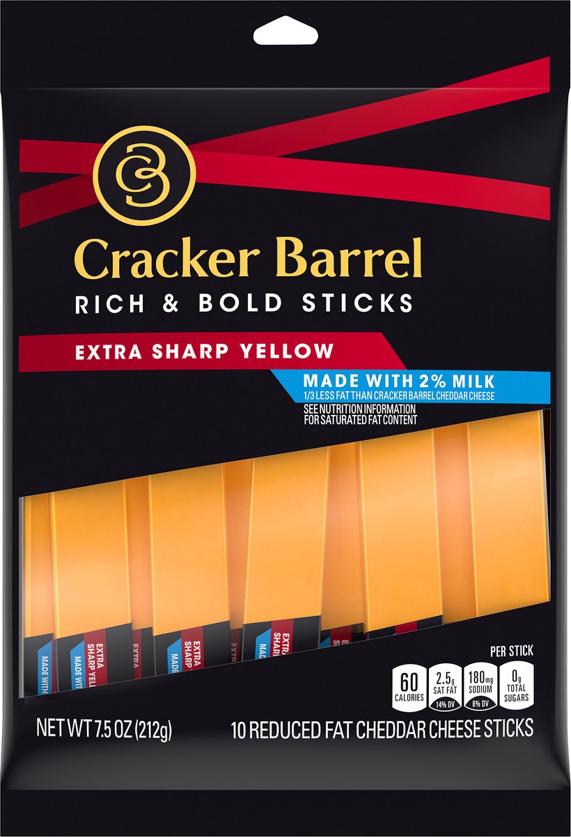 slide 7 of 9, Cracker Barrel Rich & Bold Extra Sharp Yellow Cheddar Cheese Snacks with 2% Milk, 10 ct Sticks, 10 ct