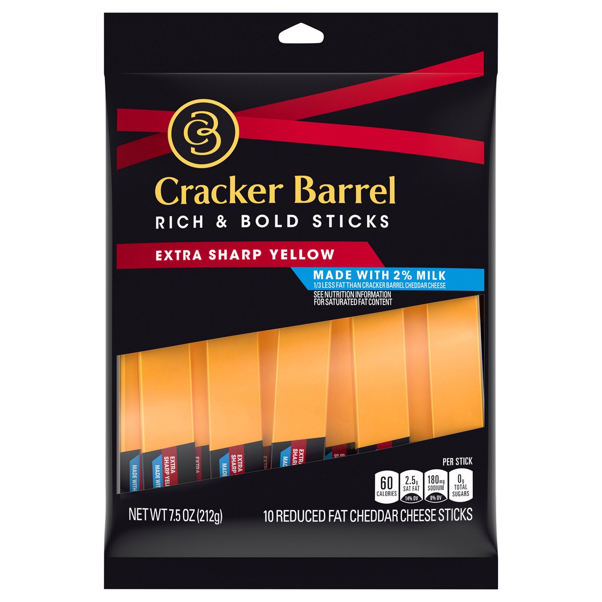 slide 1 of 9, Cracker Barrel Rich & Bold Extra Sharp Yellow Cheddar Cheese Snacks with 2% Milk, 10 ct Sticks, 10 ct