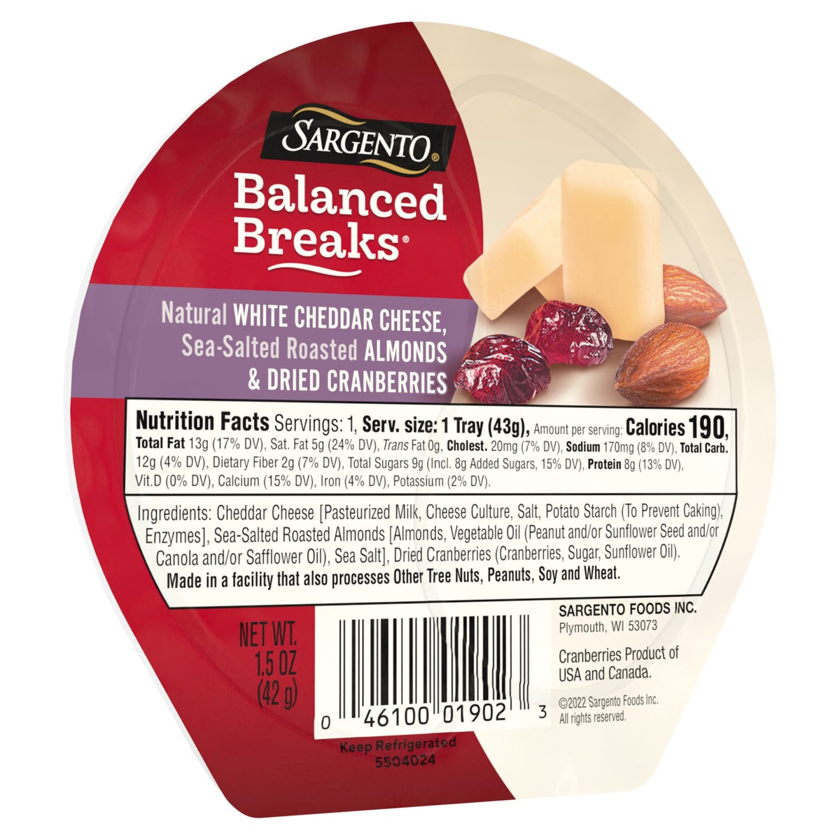 slide 5 of 9, Sargento Balanced Breaks Snacks Natural White Cheddar Cheese, Sea-Salted Roasted Almonds and Dried Cranberries, Individual Pack - 1.5 oz, 1.5 oz