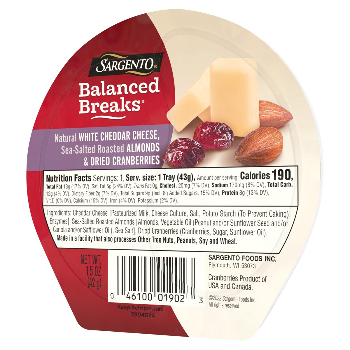 slide 2 of 9, Sargento Balanced Breaks Snacks Natural White Cheddar Cheese, Sea-Salted Roasted Almonds and Dried Cranberries, Individual Pack - 1.5 oz, 1.5 oz