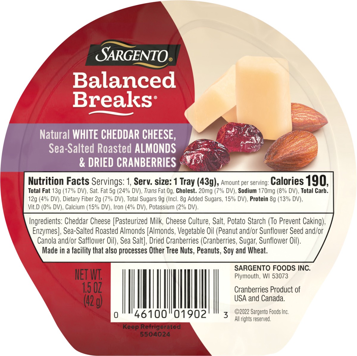 slide 7 of 9, Sargento Balanced Breaks Snacks Natural White Cheddar Cheese, Sea-Salted Roasted Almonds and Dried Cranberries, Individual Pack - 1.5 oz, 1.5 oz