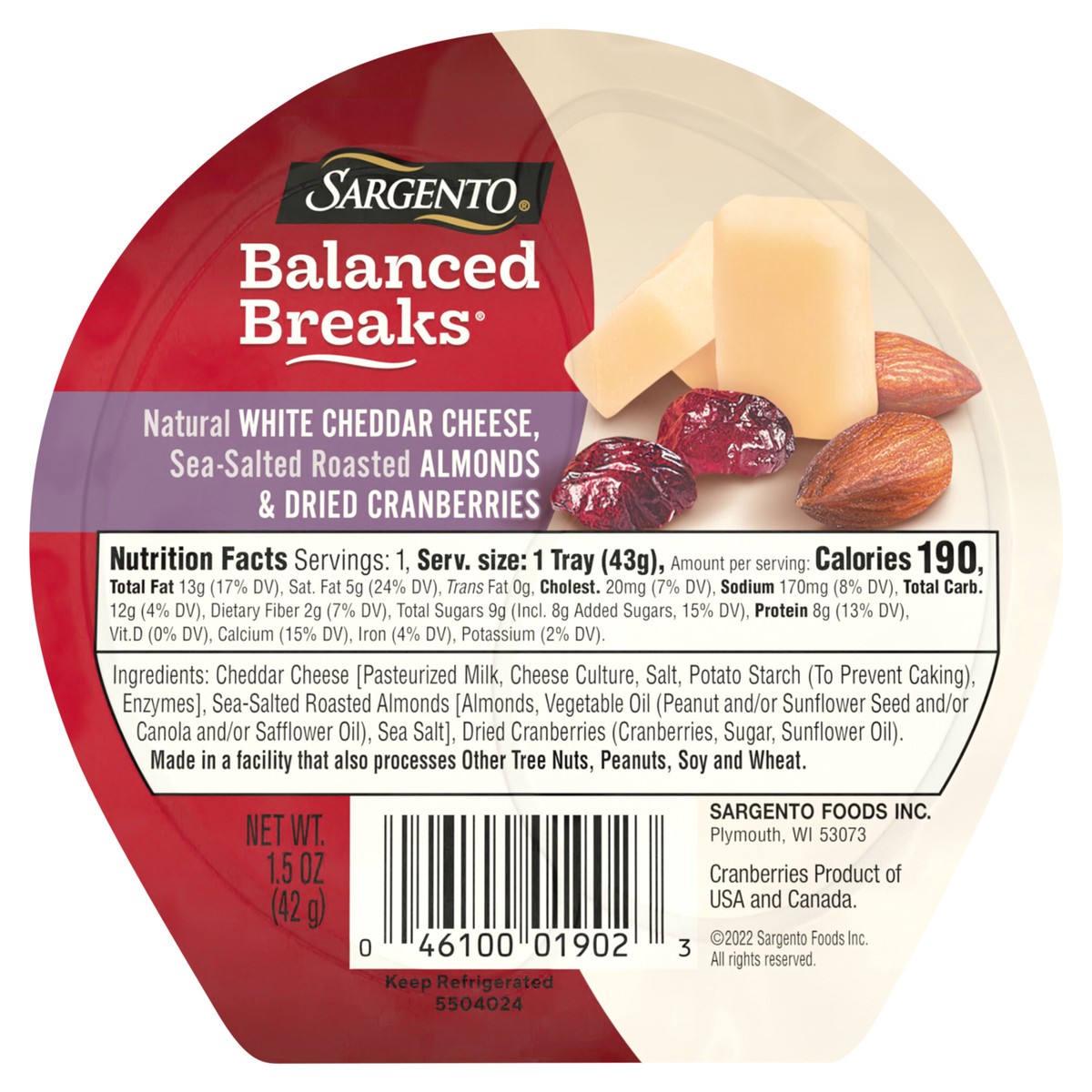 slide 1 of 9, Sargento Balanced Breaks Snacks Natural White Cheddar Cheese, Sea-Salted Roasted Almonds and Dried Cranberries, Individual Pack - 1.5 oz, 1.5 oz