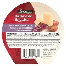 Sargento Balanced Breaks Snacks Natural White Cheddar Cheese, Sea-Salted Roasted Almonds and Dried Cranberries, Individual Pack - 1.5 oz
