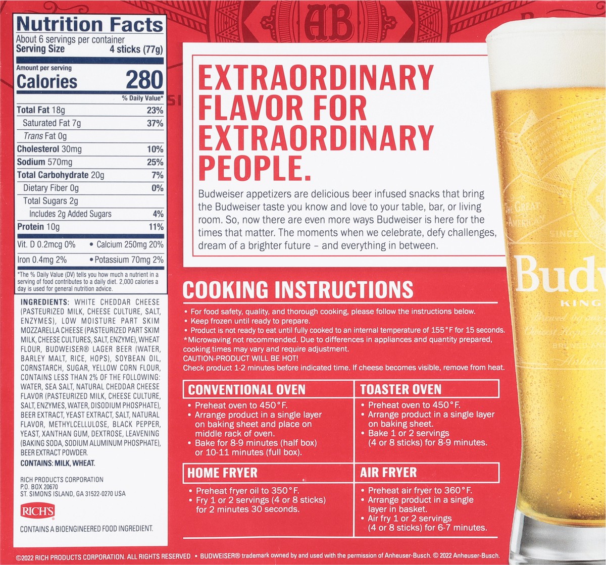 slide 5 of 9, Budweiser Farm Rich Budweiser beer battered cheese sticks, 16 oz