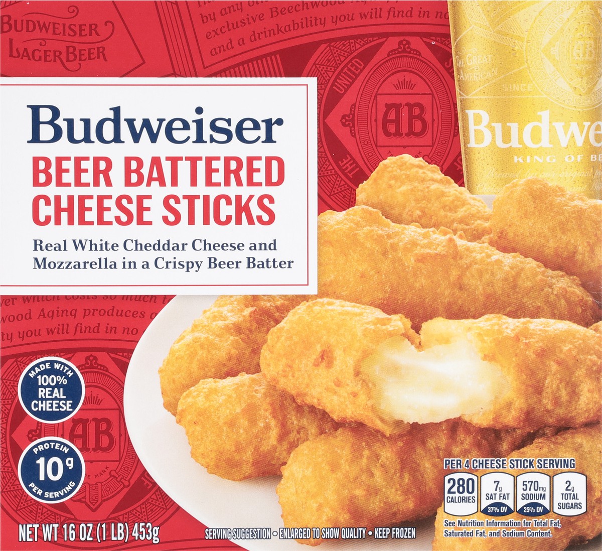 slide 6 of 9, Budweiser Farm Rich Budweiser beer battered cheese sticks, 16 oz