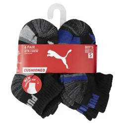 Puma Boy's 1/2 Terry Quarter Socks, Black/Blue, 6 pair, Size 5-6.5