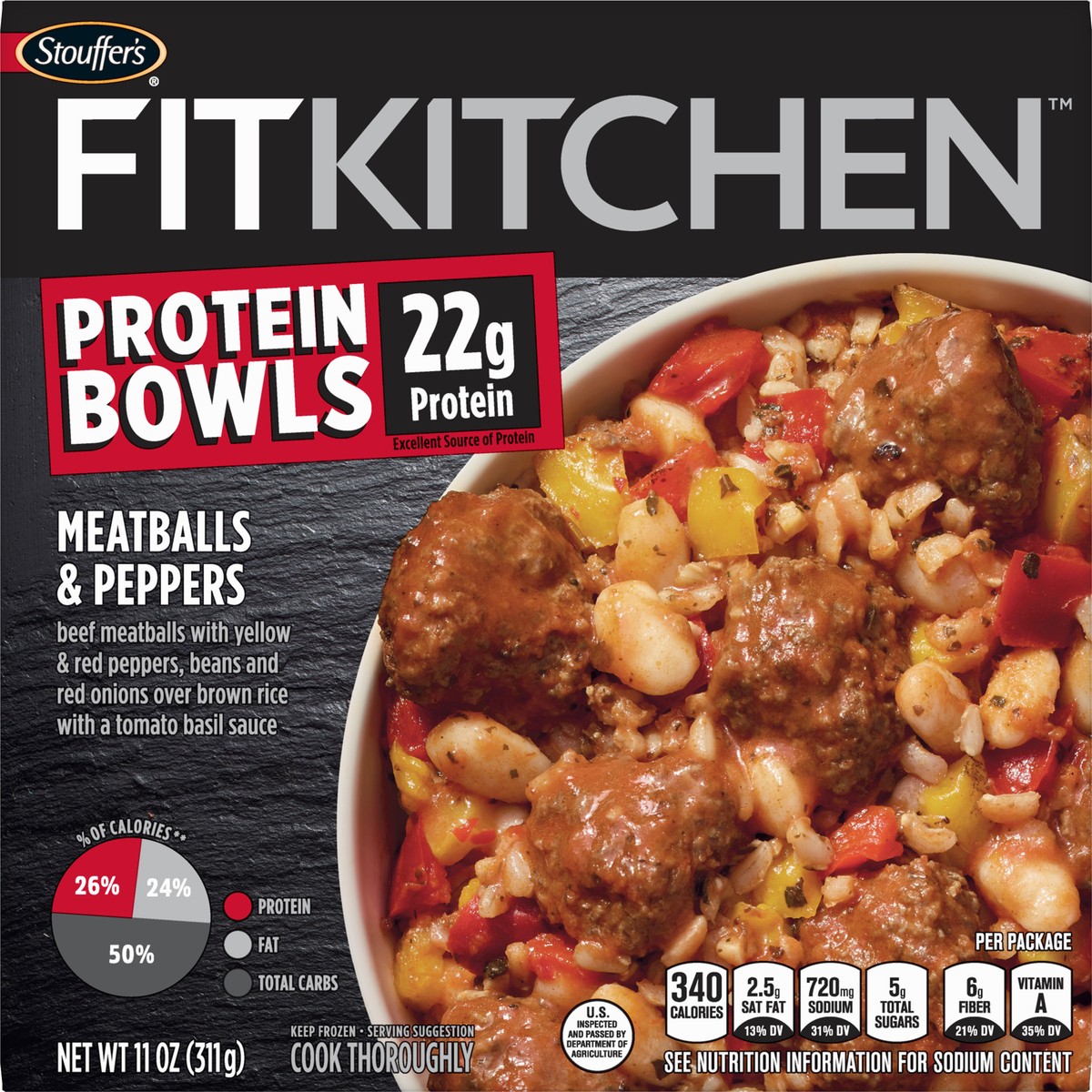 slide 9 of 10, Stouffer's Fit Kitchen Protein Bowls Meatballs & Peppers, 11 oz