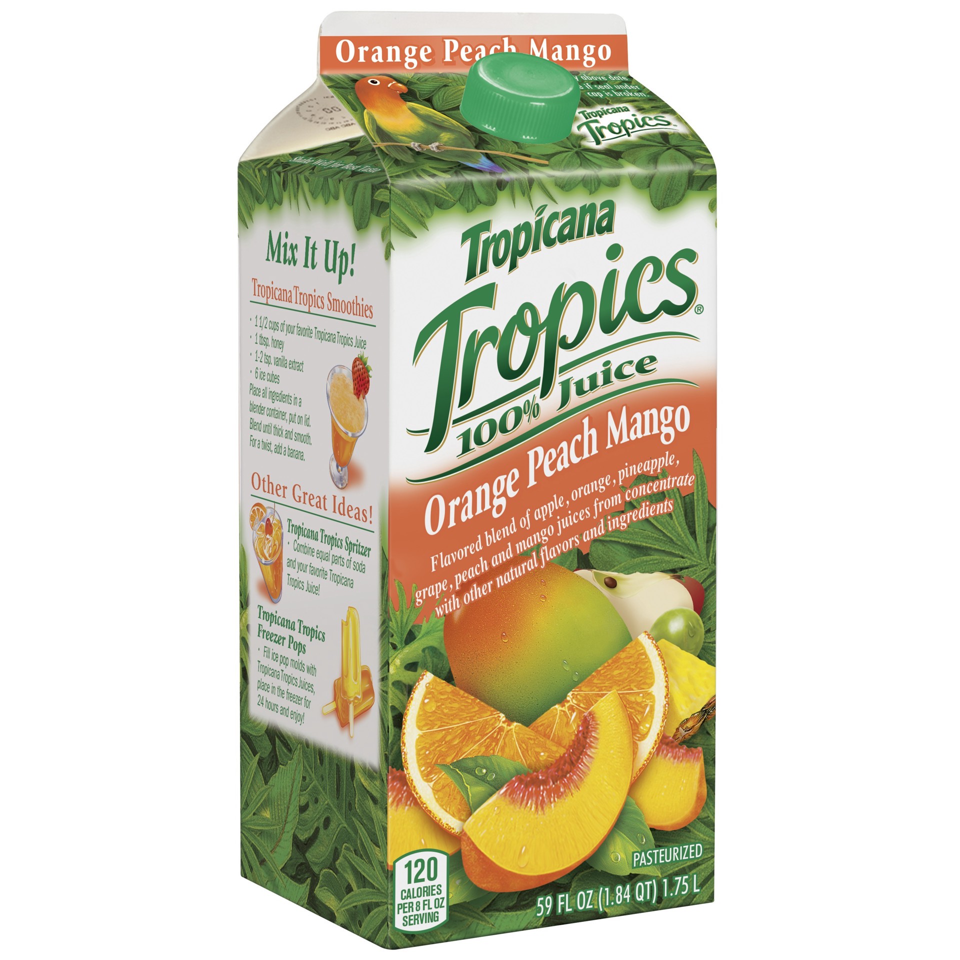 slide 1 of 10, Tropicana Tropics 100% Juice Blend Orange Peach Mango Flavored 59 Fl Oz Carton, 59 oz