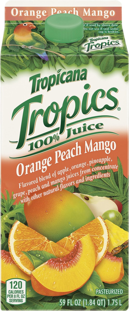 slide 9 of 10, Tropicana Tropics 100% Juice Blend Orange Peach Mango Flavored 59 Fl Oz Carton, 59 oz