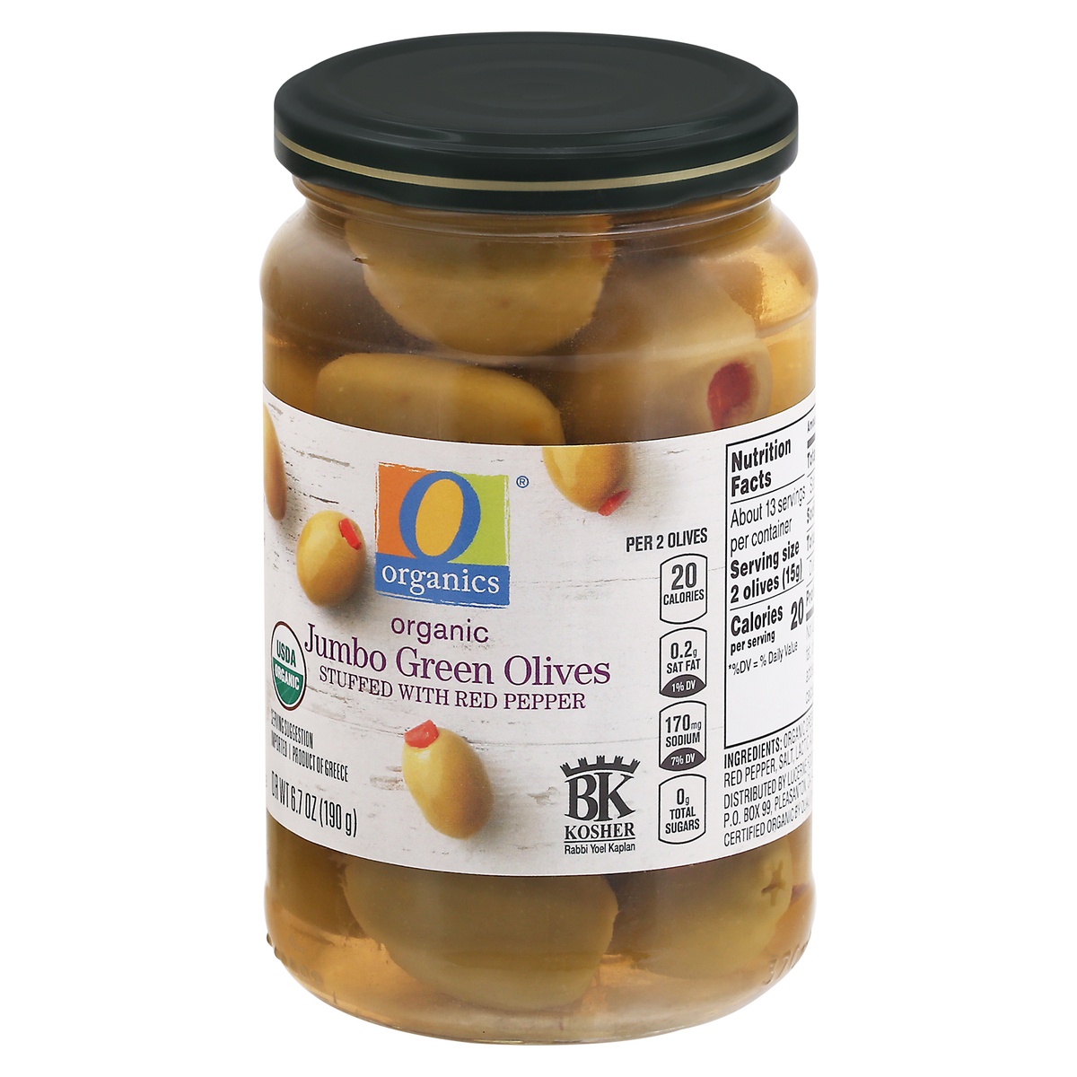 slide 3 of 9, O Organics Olives Green Jumbo Stuffed W Red Pepper, 