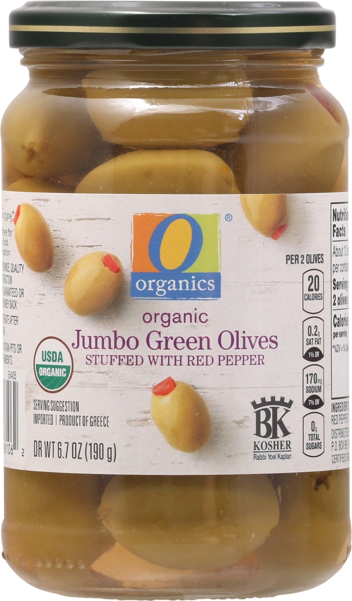 slide 6 of 9, O Organics Olives Green Jumbo Stuffed W Red Pepper, 