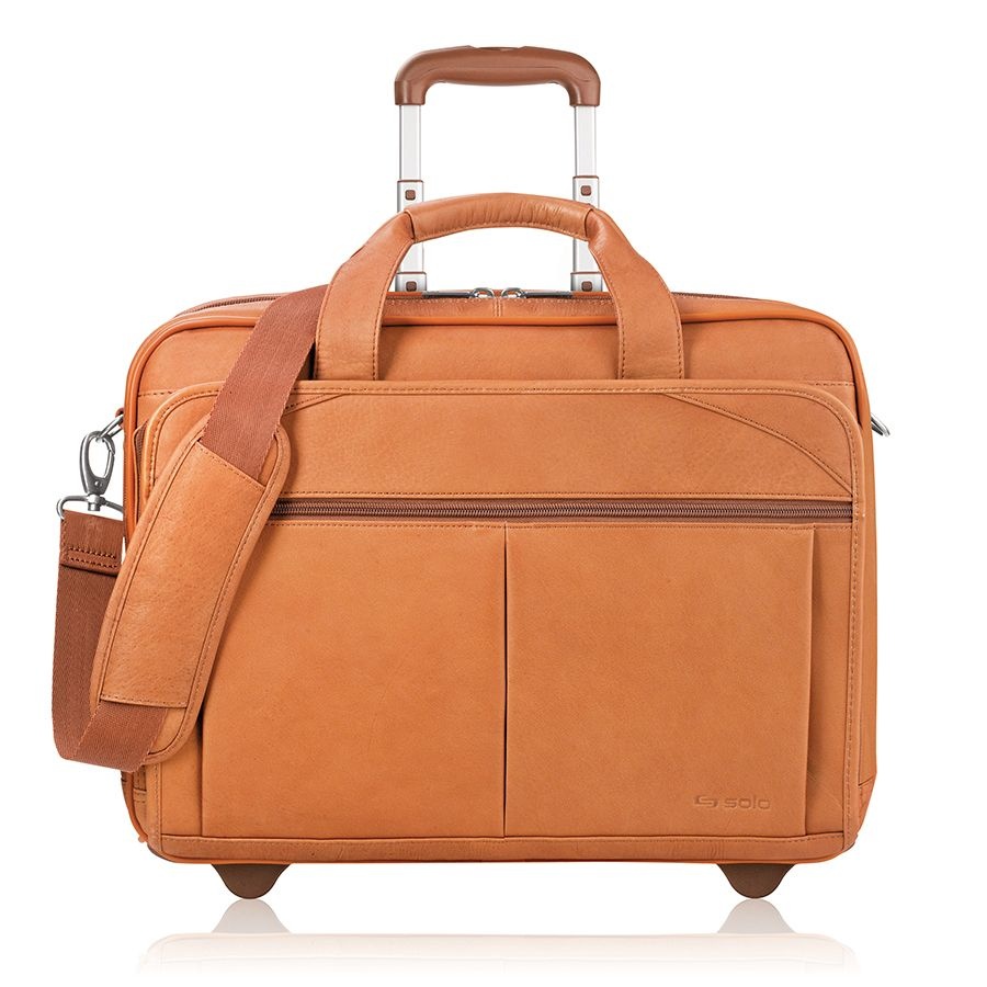 slide 9 of 10, Solo Walker Tan Leather Rolling Case For Laptops, 15.6 in