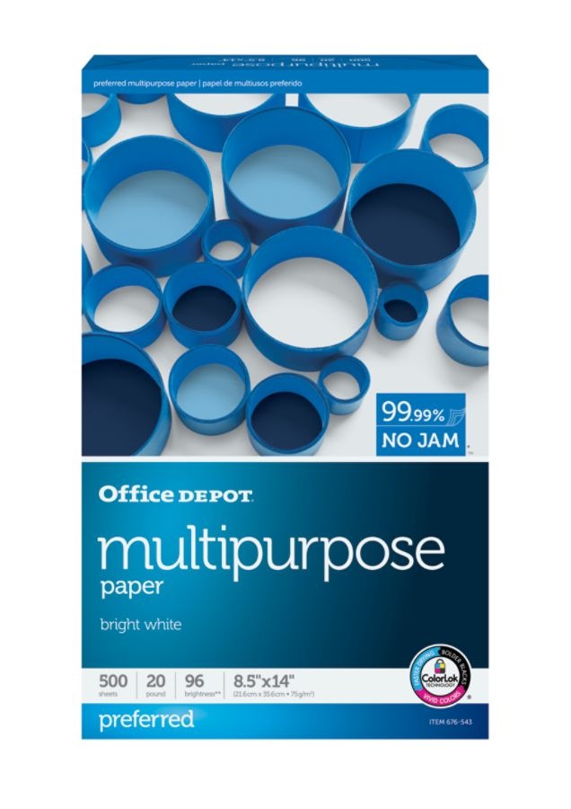 slide 3 of 3, Office Depot Multi-Use Paper, Legal Size, White, 500 ct; 8 1/2 in x 14 in; 20 lb